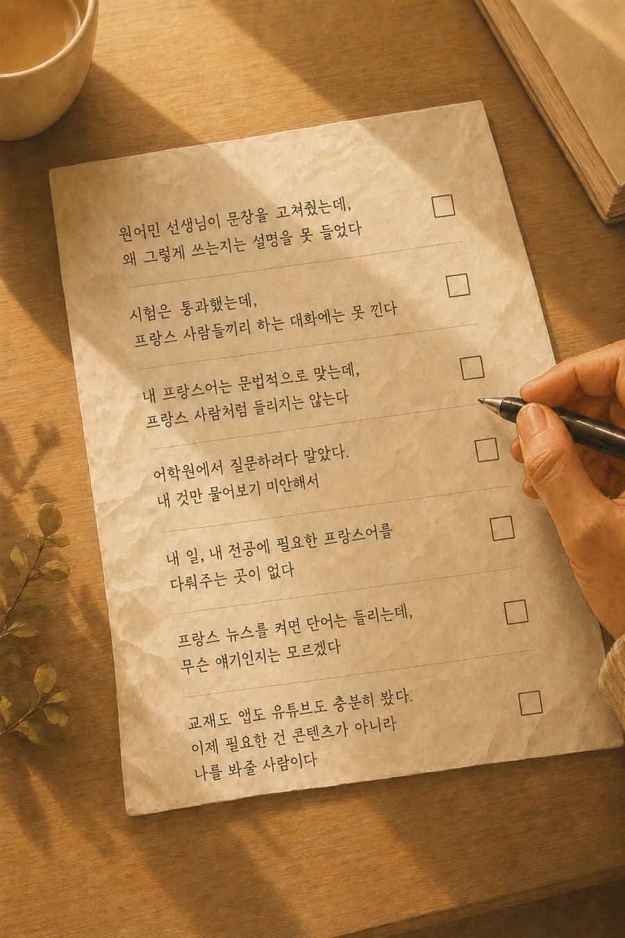 원어민 수업으로 안 풀리던 지점들을 손으로 적어 내려간 체크리스트