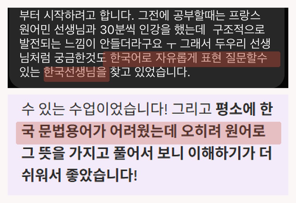 한국어로 질문할 수 있는 한국인 선생님을 찾고 있었다는 문의와, 한국 문법 용어보다 원어로 푸는 쪽이 쉬웠다는 후기